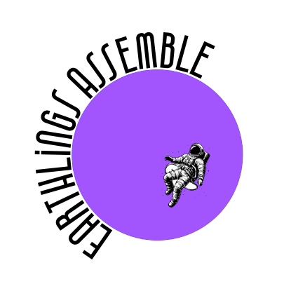 AN ASTRONAUT FLOATING IN A PURPLE CIRCLE. "EARTHLINGS ASSEMBLED" ARCHED ON THE LEFT SIDE